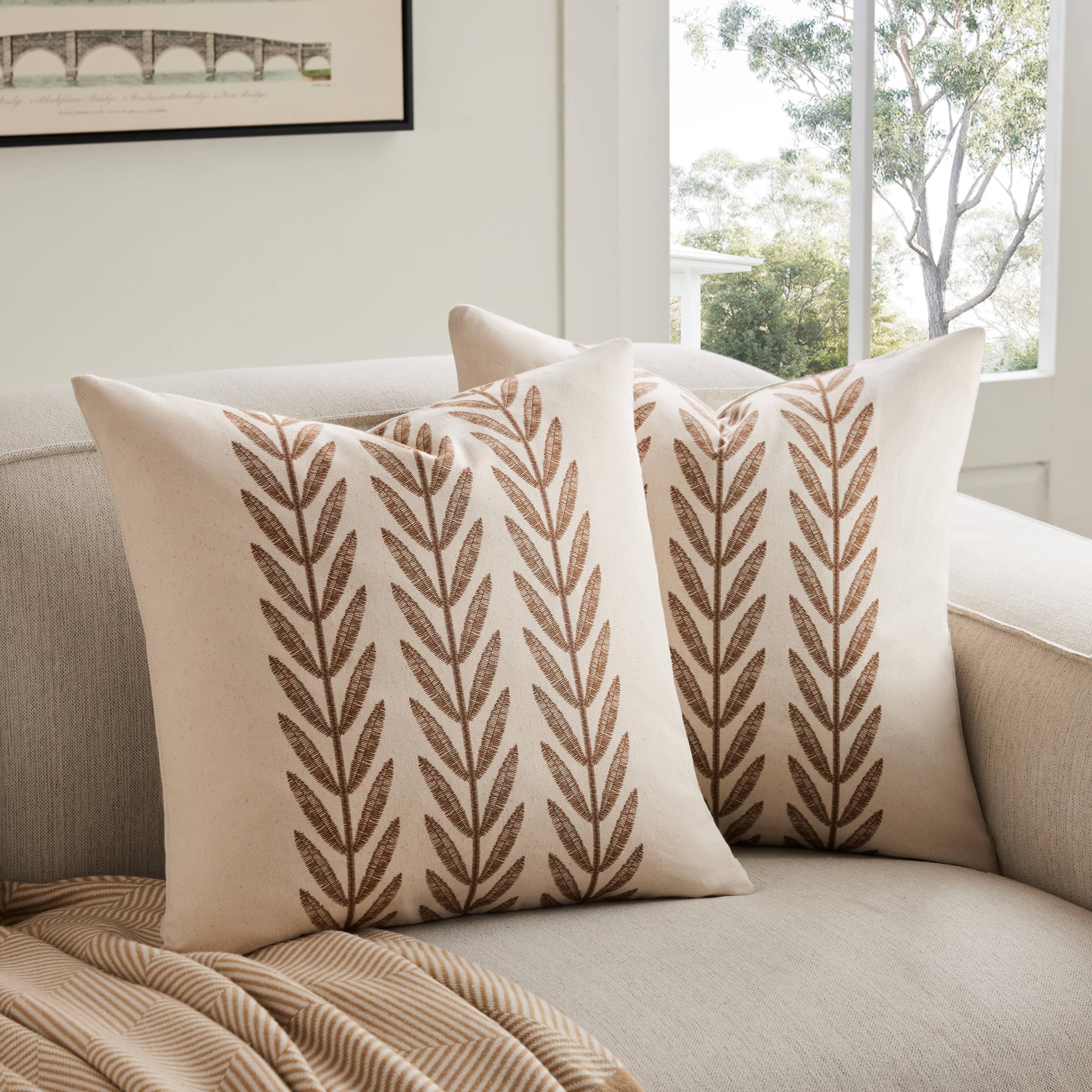 100% Cotton Farmhouse Leaves Throw Pillow Covers Set of 2, 24x24 Inch Mixed Beige Pastoral Decorative Print Cushion Covers for Sofa Bed Living Room Home Decor