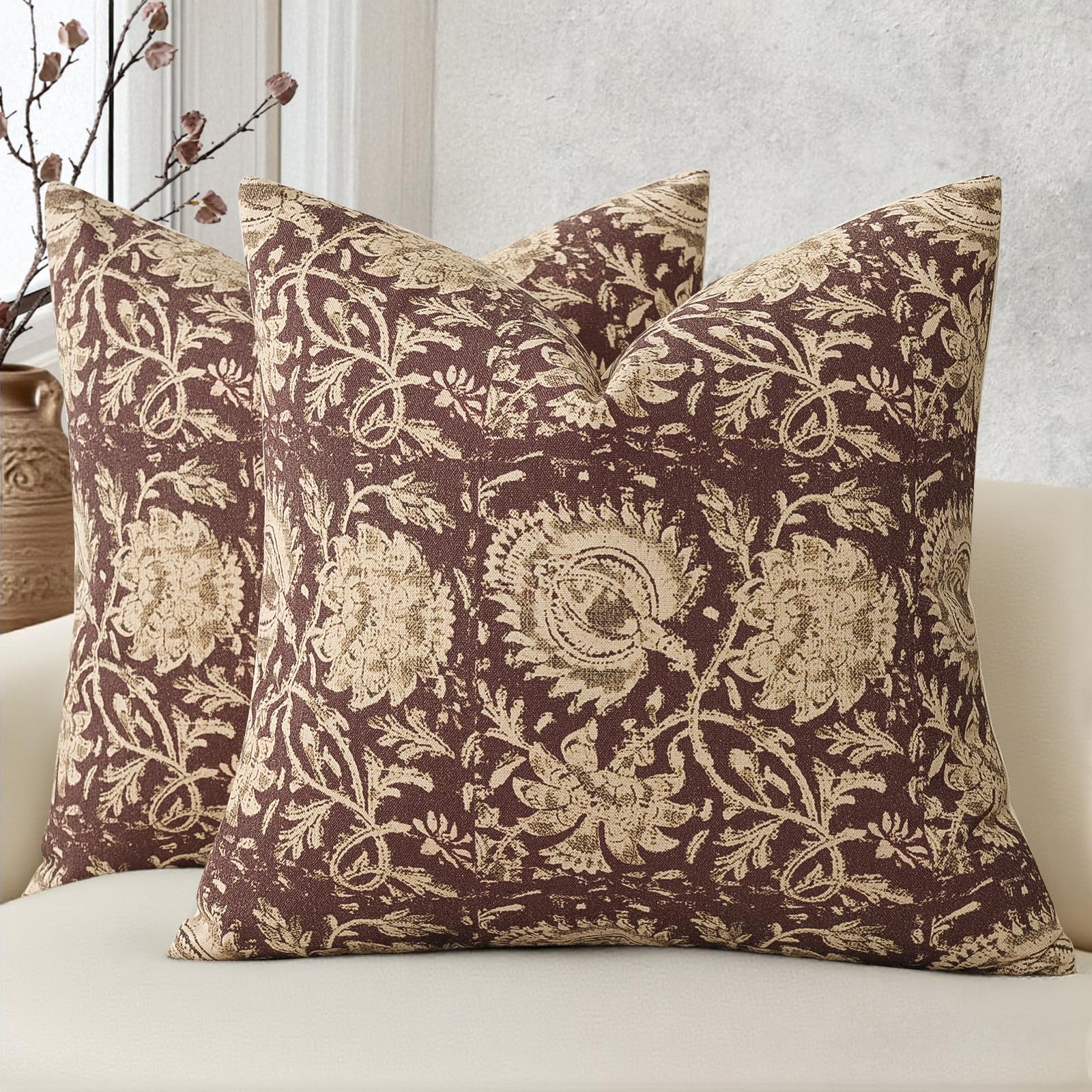 Vintage Floral Print Throw Pillow Covers 24x24 Set of 2 Neutral Modern Farmhouse Pillowcases Accent Decorative Cushion Covers Boho Home Decor for Couch Sofa Chair Bed Living Room, Dusty Blue