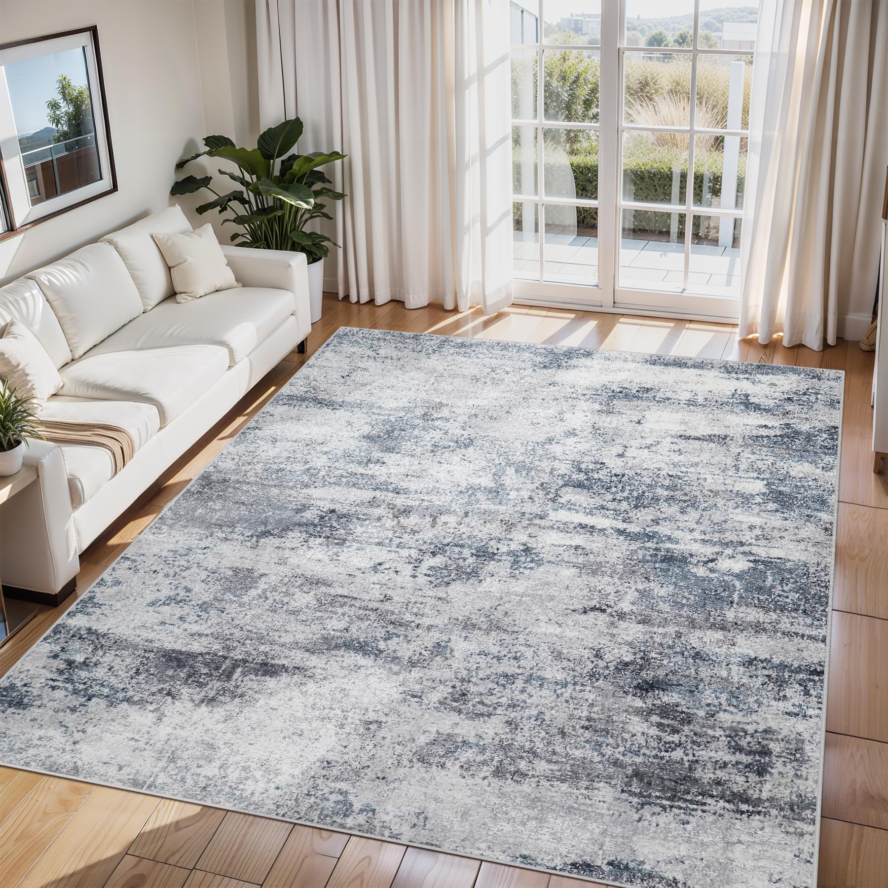 8x10 Area Rugs for Living Room Rug Washable: Abstract Large Rug for Dining Room Bedroom Carpet Non Slip 8 by 10 Indoor Modern Nursery Home Office Blue Grey