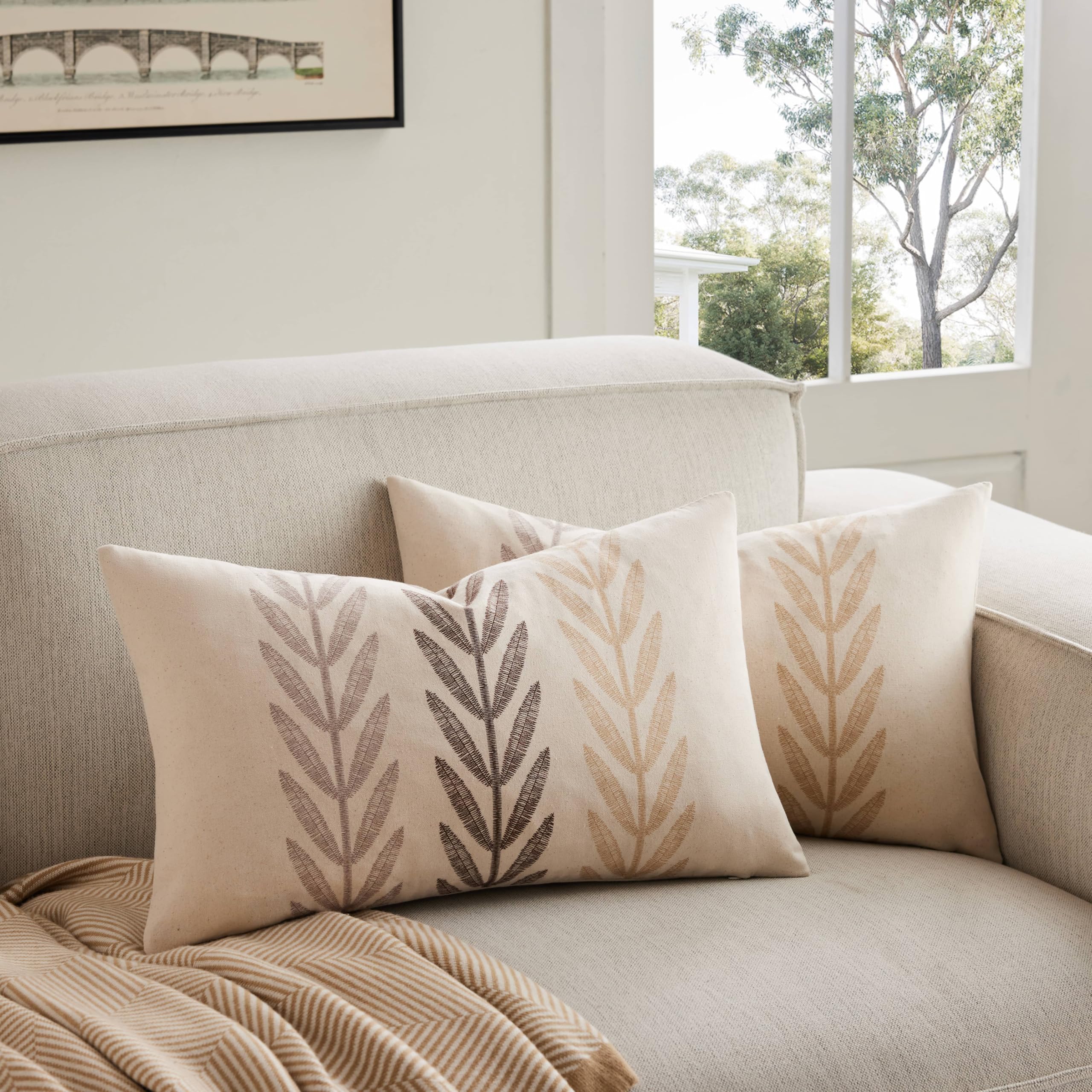 100% Cotton Farmhouse Leaves Throw Pillow Covers Set of 2, 24x24 Inch Mixed Beige Pastoral Decorative Print Cushion Covers for Sofa Bed Living Room Home Decor