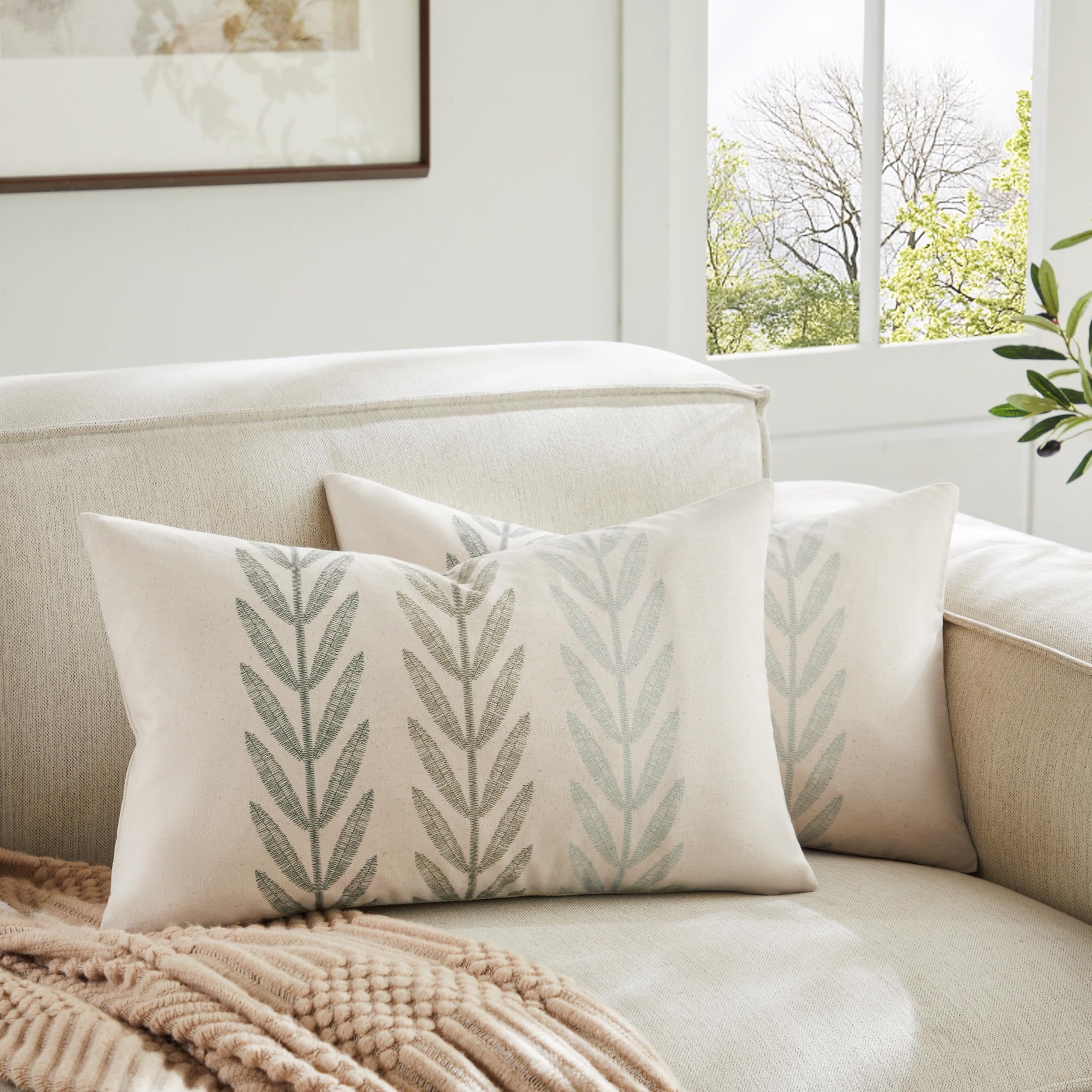 100% Cotton Farmhouse Leaves Throw Pillow Covers Set of 2, 24x24 Inch Mixed Beige Pastoral Decorative Print Cushion Covers for Sofa Bed Living Room Home Decor